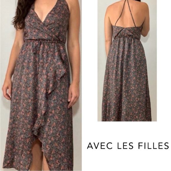 Avec Les Filles Blue and Red Floral Faux Wrap Midi Halter Dress Size XS - Picture 2 of 15